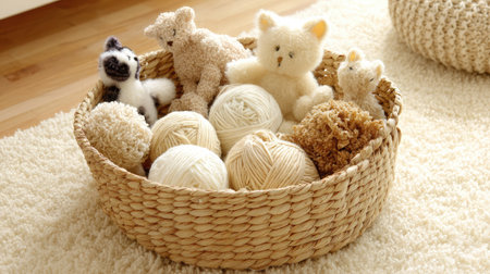 Basket filled with plush cat toys, yarn balls, and crinkly items on soft carpetの素材