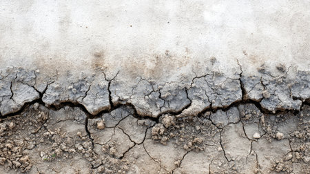 A textured dry soil patch with curling edges and fine debris layered above cracksの素材