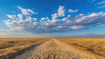 Broad stretch of lifeless land with cracked dirt and no signs of moisture or greeneryの素材