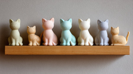 Floating shelf display of aesthetic cat toys in pastel colors and soft materialsの素材