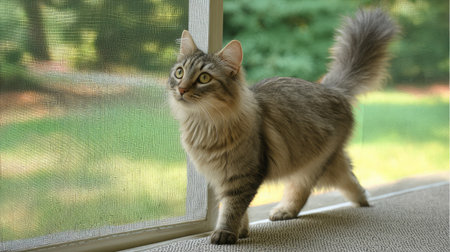 Cat halfway up a screen door window, looking outside with tail curledの素材