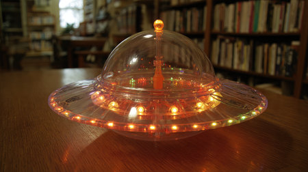 Cat toy dispenser shaped like a UFO with glowing lights and moving partsの素材