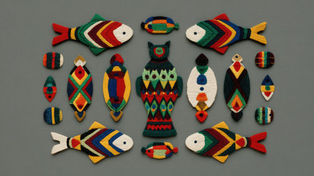 Felt cat toys in geometric shapes arranged in a symmetrical pattern on a gray backgroundの素材