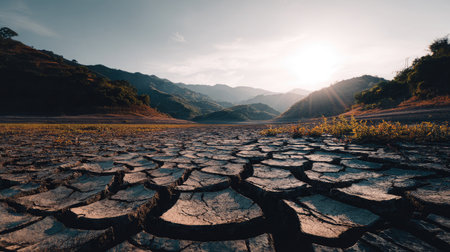Earth-toned cracked surface in an open flatland resembling drought-stricken terrainの素材