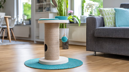 Cat scratching post with hanging toys and sisal rope in a bright modern living roomの素材