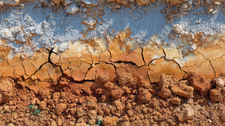 Deep fissures in cracked soil revealing lower dusty layers beneath the hardened topの素材