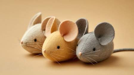 Close-up of soft toy mice with felt ears and string tails on a beige backgroundの素材