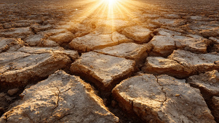 Close-up of a cracked earth texture under intense sunlight with dusty surface and deep fissuresの素材