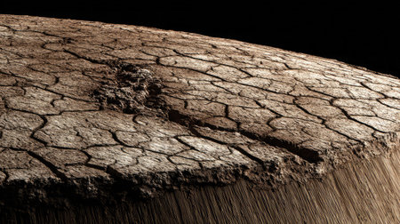 Harsh dry terrain with horizontal stretch marks and broken crust detail under warm lightの素材