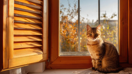 Cat climbing wooden window shutters on the inside of a cozy roomの素材