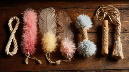 Feather and rope cat toys laid out on a wooden surface for product photographyの素材