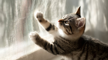 Cat scaling mesh panel of balcony window with tail swaying and claws digging inの素材