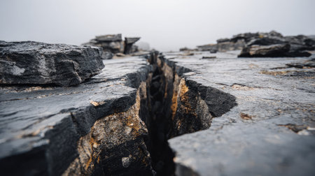 Deep fissures in cracked soil revealing lower dusty layers beneath the hardened topの素材