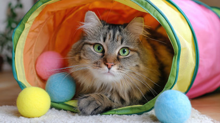 Cat tunnel toy in vibrant colors set on a clean floor with toys peeking from insideの素材