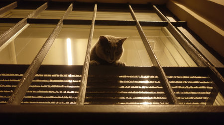 Cat climbing narrow bars of a safety window grate, seen from insideの素材