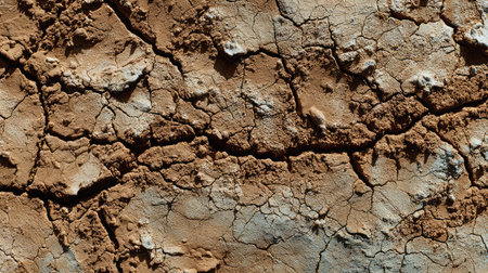 Detailed image of sunbaked ground with clay fracture patterns formed by heat and windの素材