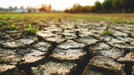 Earthy field with cracked surface caused by drought, showing signs of extreme drynessの素材