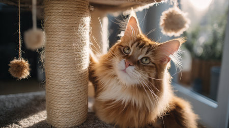 Cat scratching post with hanging toys and sisal rope in a bright modern living roomの素材