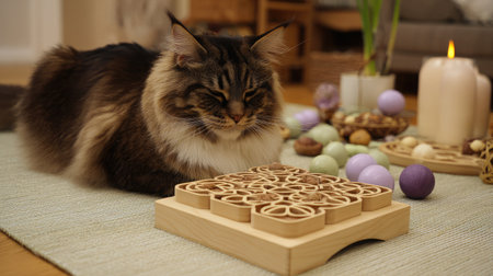 Cat puzzle feeder toy filled with treats on a clean mat, surrounded by other enrichment toysの素材