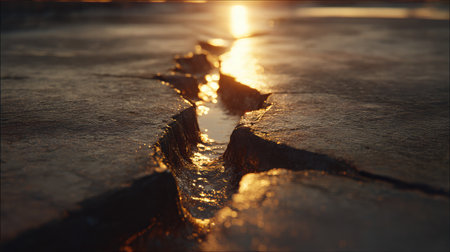 Flat cracked surface under morning light casting shadows into fissuresの素材