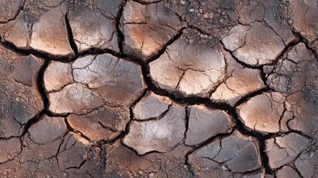 Cracked clay earth with detailed textures revealing signs of drought and dehydrationの素材