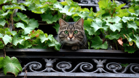 Cat caught mid-climb on decorative window bars surrounded by plantsの素材