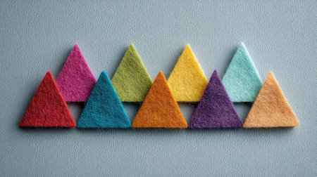 Felt cat toys in geometric shapes arranged in a symmetrical pattern on a gray backgroundの素材