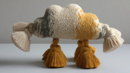 Fluffy cloud-shaped cat toy with glittery fabric and hanging tasselsの素材