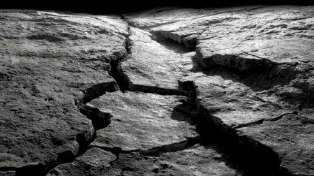Flat cracked surface under morning light casting shadows into fissuresの素材