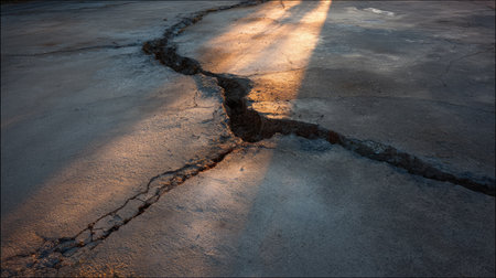 Flat cracked surface under morning light casting shadows into fissuresの素材