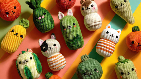 Handmade crochet cat toys shaped like vegetables placed on a striped fabric matの素材