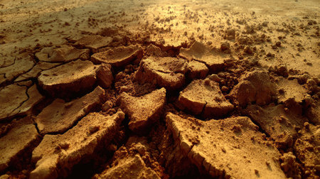 Dried-up land with irregular cracks and fine dust covering the surfaceの素材