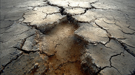 Earth-toned cracked surface in an open flatland resembling drought-stricken terrainの素材