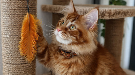 Feather cat teaser attached to a tall scratching post with climbing platformsの素材