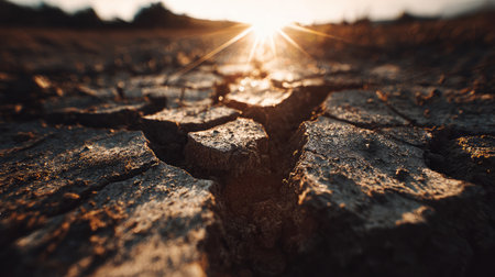Close-up of a cracked earth texture under intense sunlight with dusty surface and deep fissuresの素材