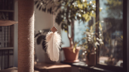 Feathered cat toy suspended from a scratching tree in a cozy sunlit cornerの素材