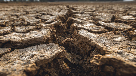 Dry and cracked ground with light brown tones and fragmented, curling soil platesの素材