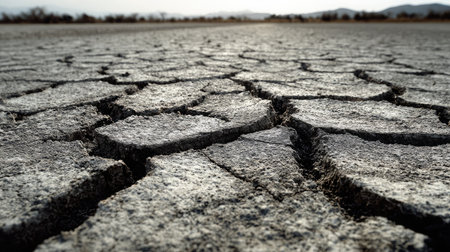 Cracked, dry soil surface stretching across the frame, resembling parched desert terrainの素材