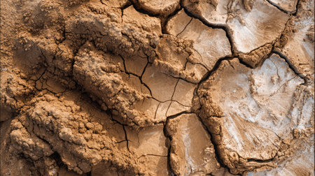 Earth's surface eroded into a chaotic mix of cracks and clumps due to intense drynessの素材