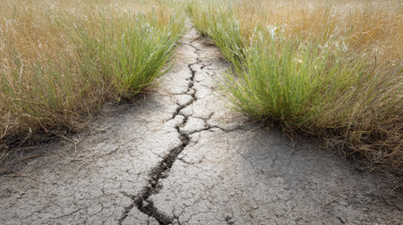 Earthy field with cracked surface caused by drought, showing signs of extreme drynessの素材