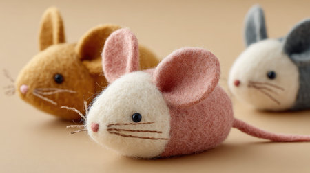Close-up of soft toy mice with felt ears and string tails on a beige backgroundの素材