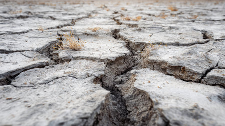Dried-up land with irregular cracks and fine dust covering the surfaceの素材