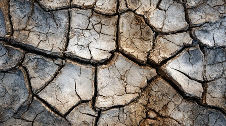 Earth's surface eroded into a chaotic mix of cracks and clumps due to intense drynessの素材