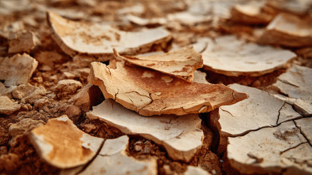 Dry and cracked ground with light brown tones and fragmented, curling soil platesの素材