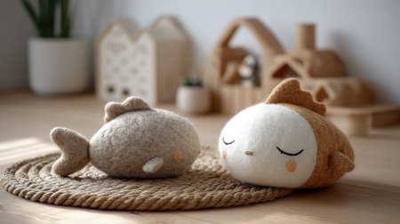 Felt toy fish in soft tones next to a rope scratching mat in a cozy cat areaの素材