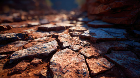 Harsh dry terrain with horizontal stretch marks and broken crust detail under warm lightの素材
