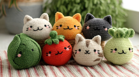 Handmade crochet cat toys shaped like vegetables placed on a striped fabric matの素材
