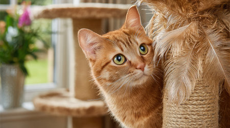Feather cat teaser attached to a tall scratching post with climbing platformsの素材