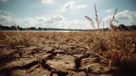 Earthy field with cracked surface caused by drought, showing signs of extreme drynessの素材