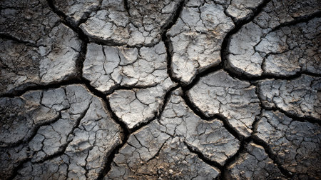 Earth's surface eroded into a chaotic mix of cracks and clumps due to intense drynessの素材